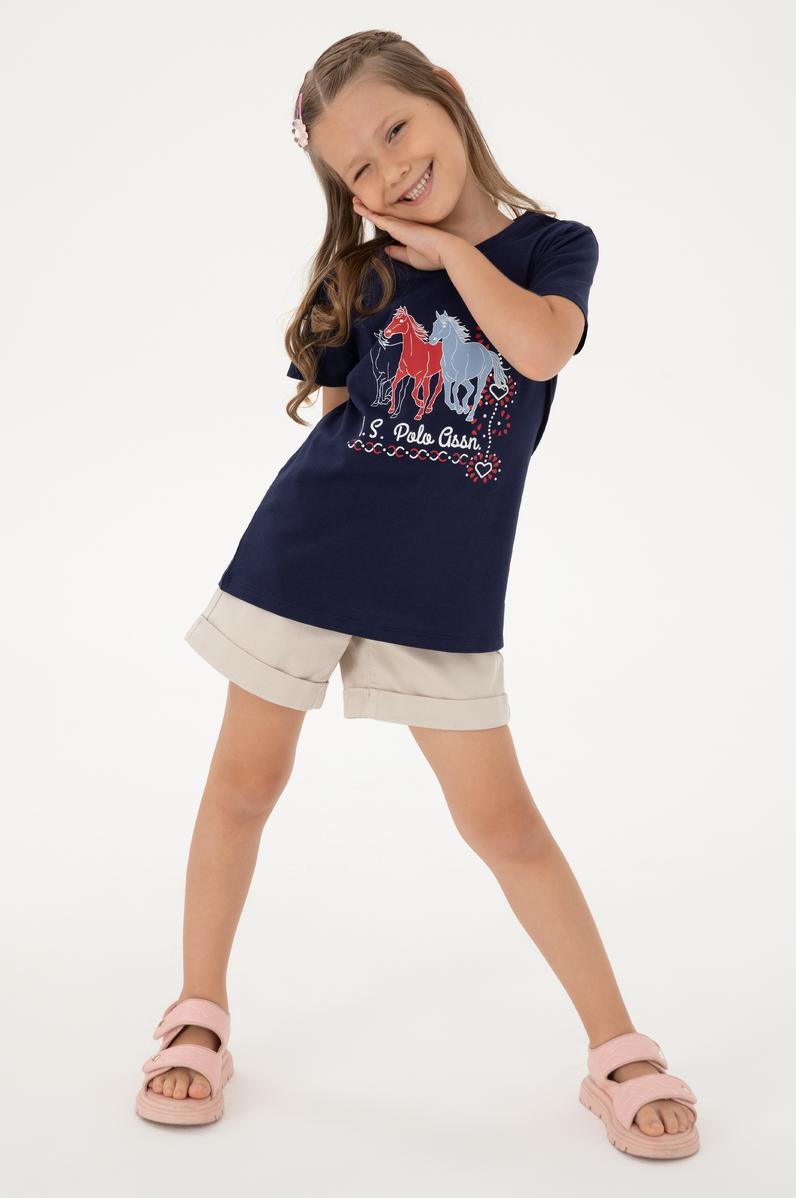 Kız Çocuk Siyah Bisiklet Yaka At Baskılı Pamuk Tişört