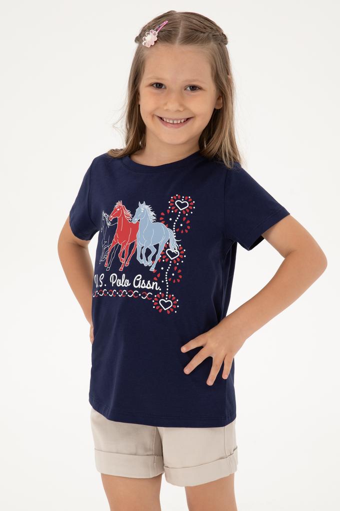 Kız Çocuk Siyah Bisiklet Yaka At Baskılı Pamuk Tişört