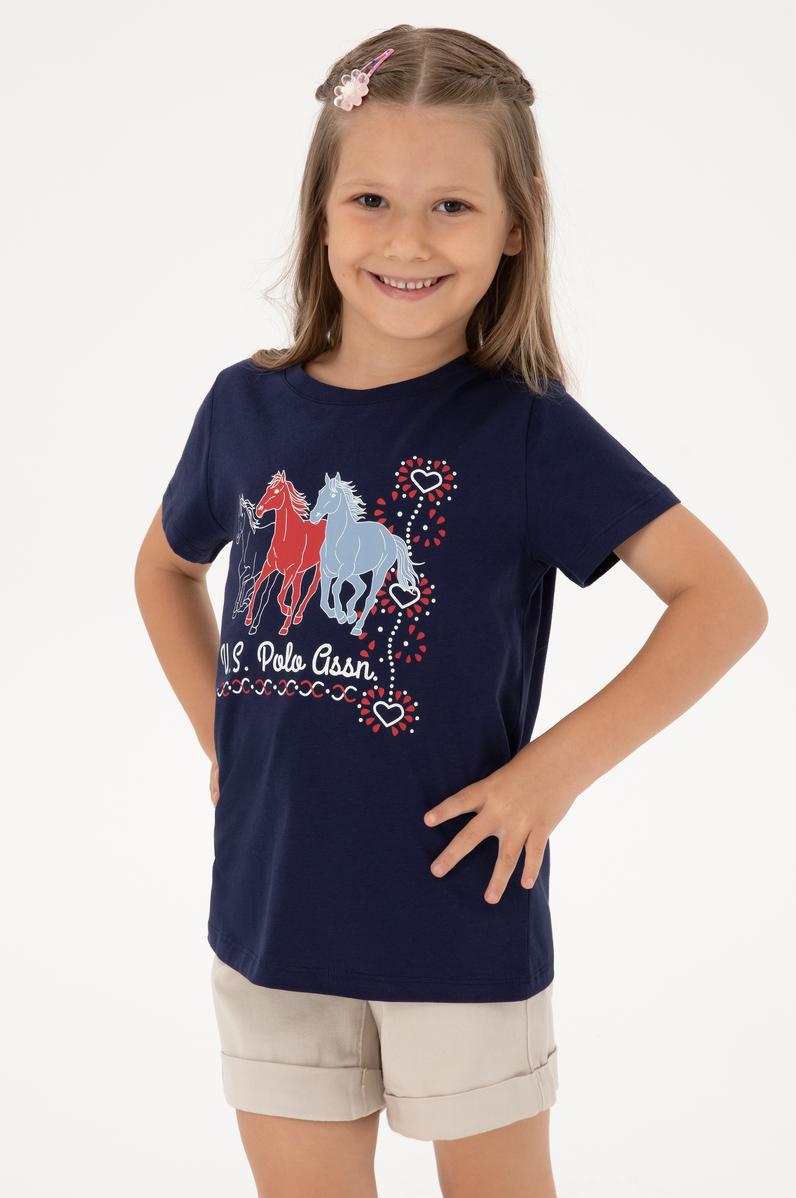 Kız Çocuk Siyah Bisiklet Yaka At Baskılı Pamuk Tişört