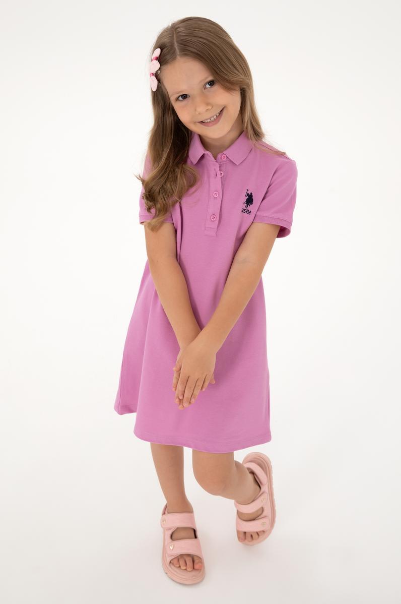 Kız Çocuk Fuşya Polo Yaka Kısa Kol A-Form Basic Örme Elbise
