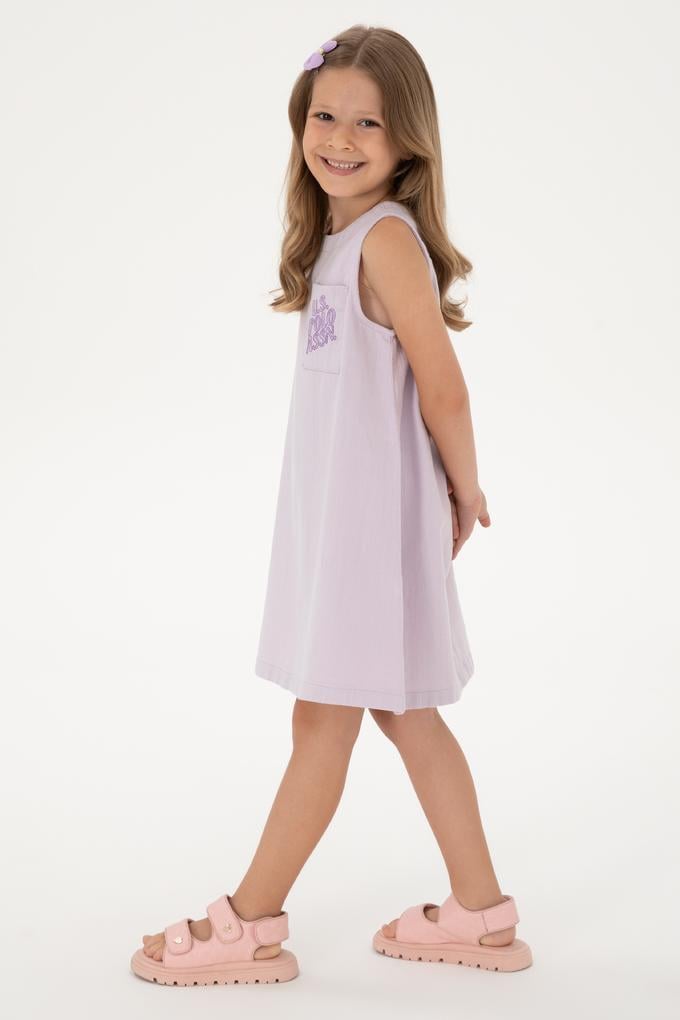 Kız Çocuk Lila Bisiklet Yaka A-Form Dokuma Elbise