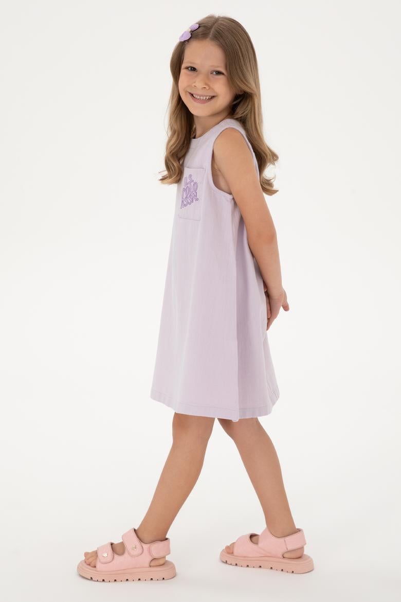 Kız Çocuk Lila Bisiklet Yaka A-Form Dokuma Elbise
