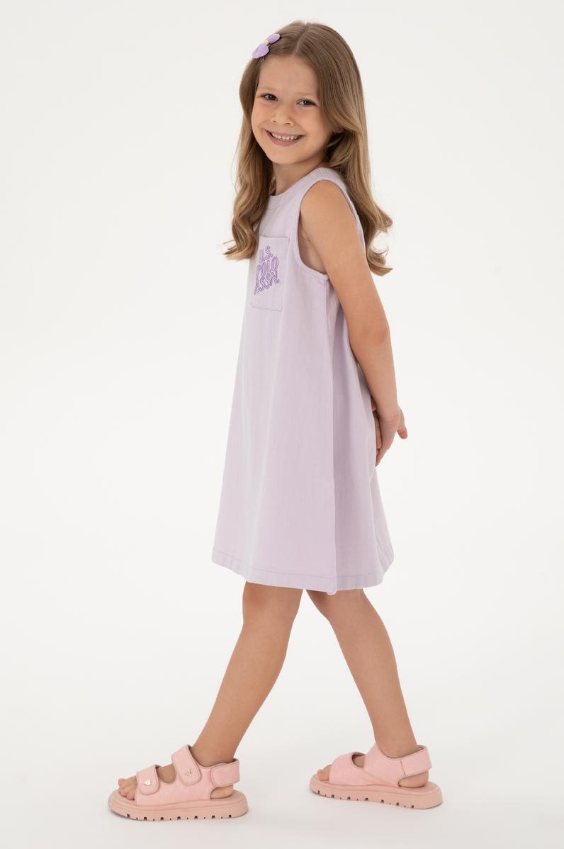 Kız Çocuk Lila Bisiklet Yaka A-Form Dokuma Elbise
