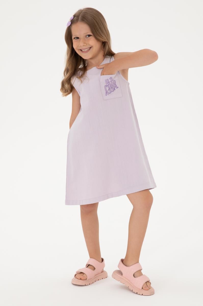 Kız Çocuk Lila Bisiklet Yaka A-Form Dokuma Elbise