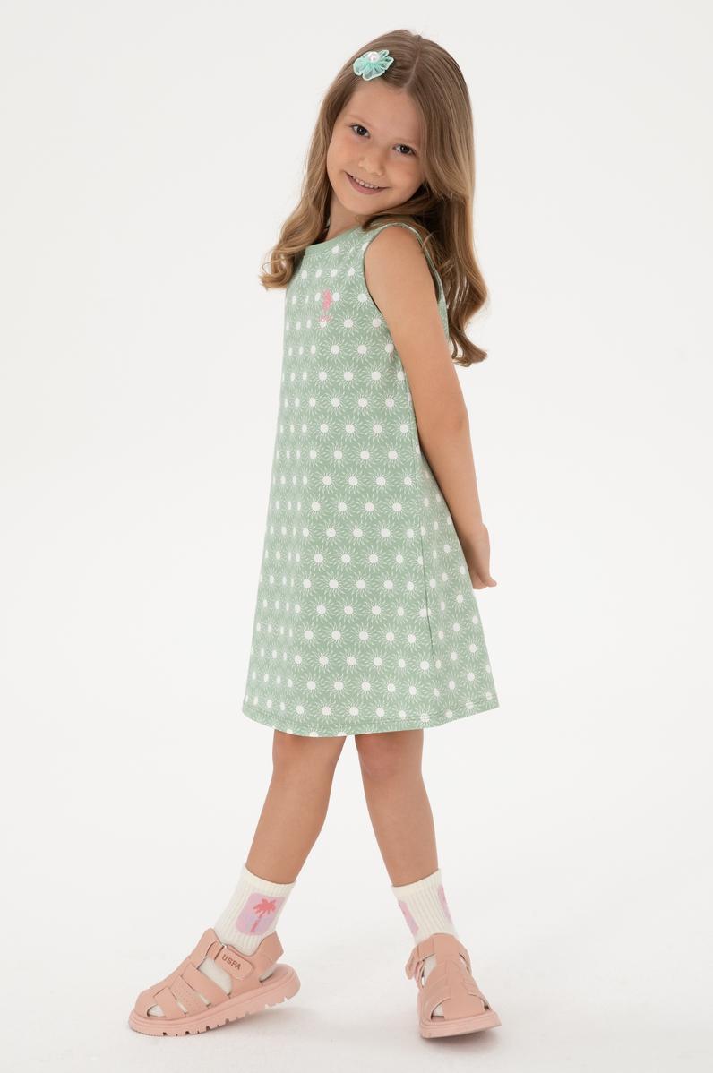 Kız Çocuk Su Yeşili Kolsuz Bisiklet Yaka A-Form Desenli Örme Elbise