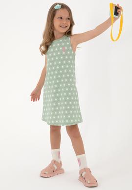 Kız Çocuk Su Yeşili Kolsuz Bisiklet Yaka A-Form Desenli Örme Elbise - 50306240001