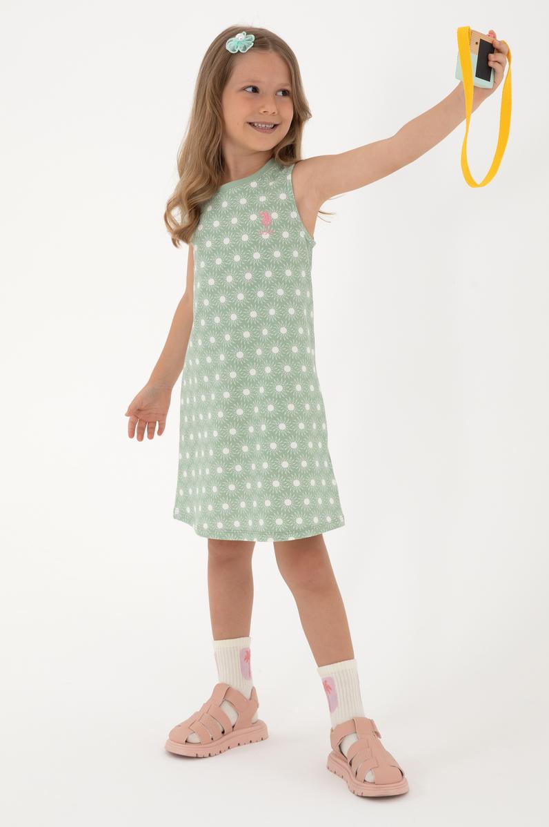 Kız Çocuk Su Yeşili Kolsuz Bisiklet Yaka A-Form Desenli Örme Elbise