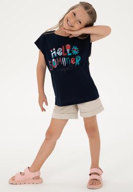 Kız Çocuk Lacivert Bisiklet Yaka Baskılı Pamuk Tişört - 50306190003