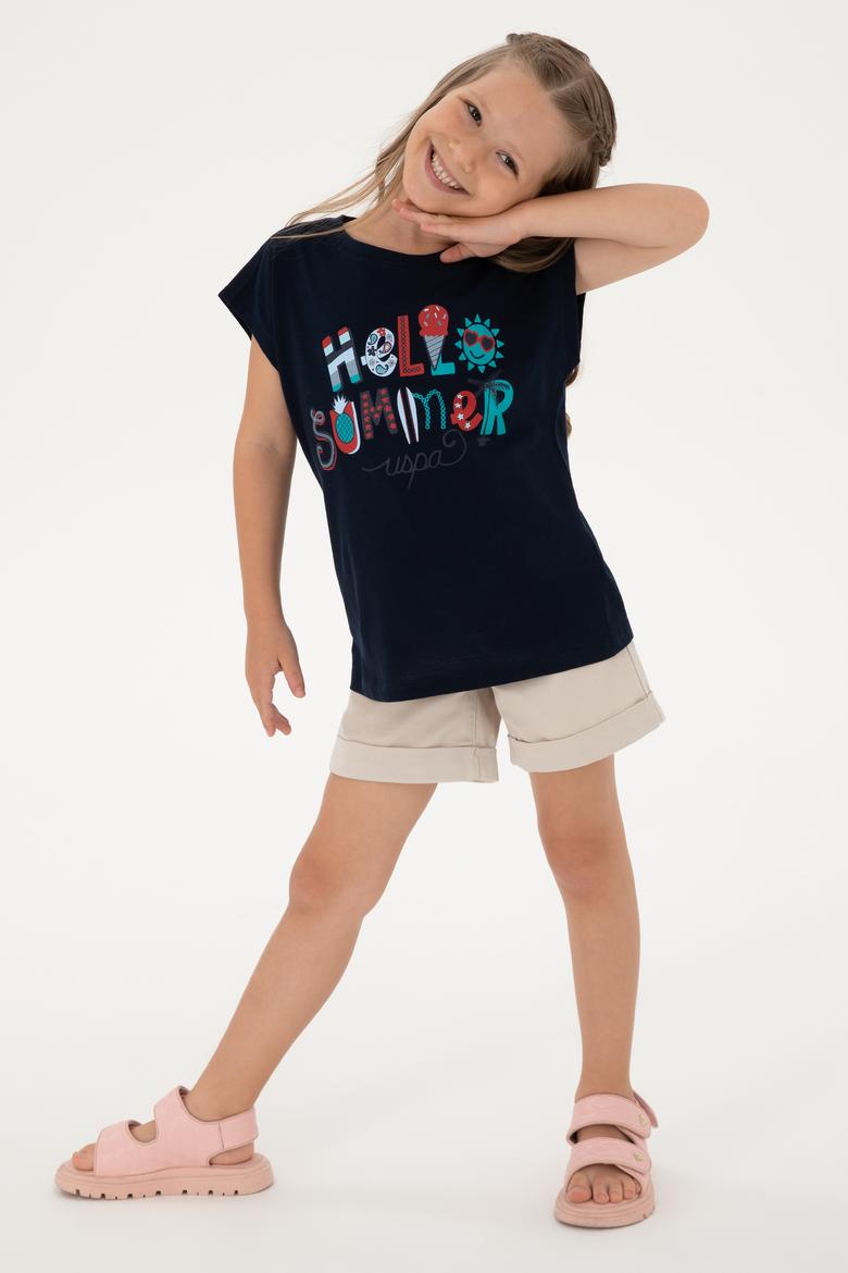 Kız Çocuk Lacivert Bisiklet Yaka Baskılı Pamuk Tişört - 50306190003