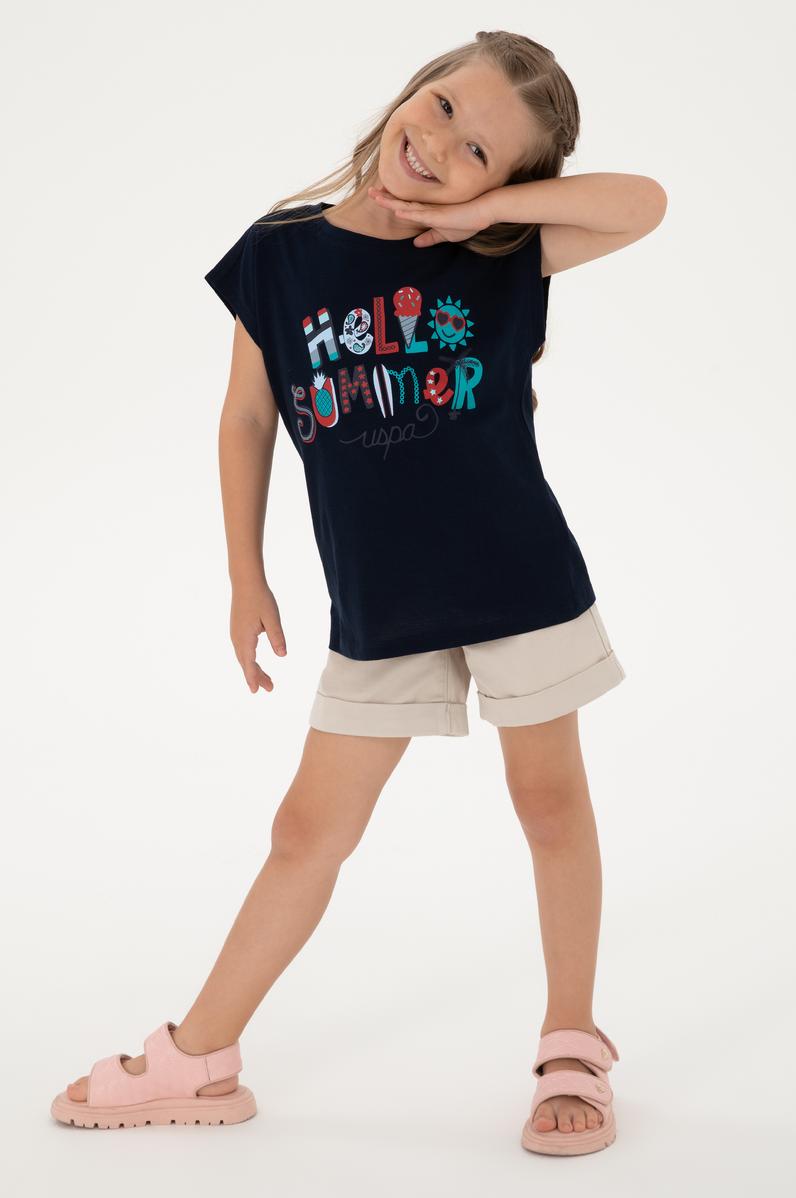 Kız Çocuk Lacivert Bisiklet Yaka Baskılı Pamuk Tişört