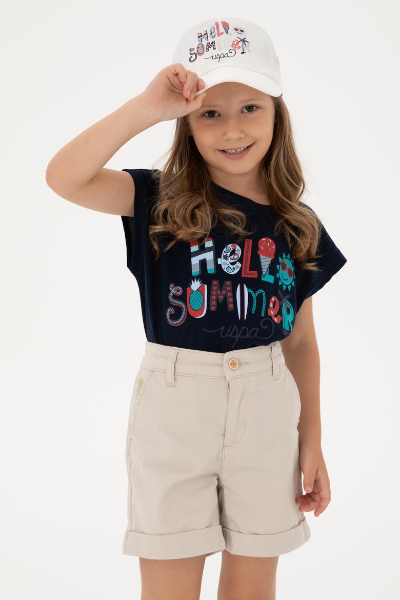 Kız Çocuk Lacivert Bisiklet Yaka Baskılı Pamuk Tişört