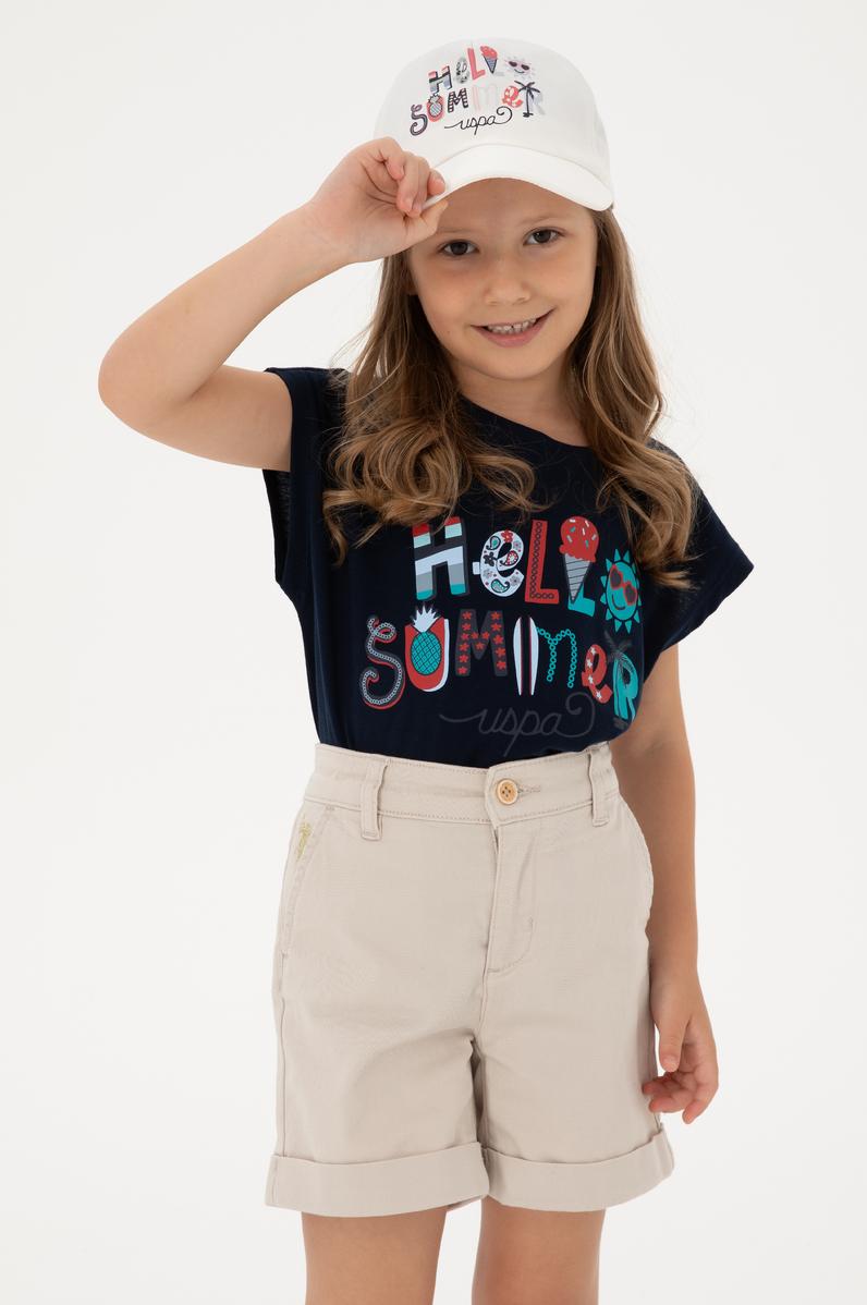 Kız Çocuk Lacivert Bisiklet Yaka Baskılı Pamuk Tişört