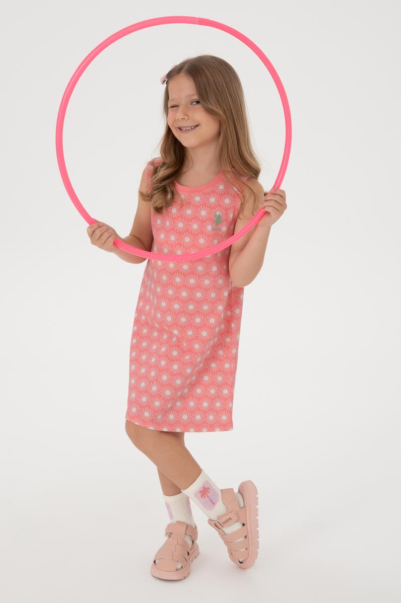Kız Çocuk Pembe Kolsuz Bisiklet Yaka A-Form Desenli Örme Elbise