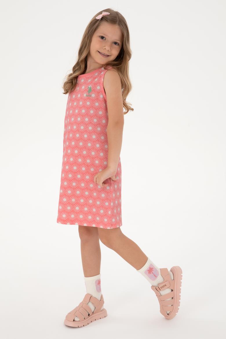 Kız Çocuk Pembe Kolsuz Bisiklet Yaka A-Form Desenli Örme Elbise