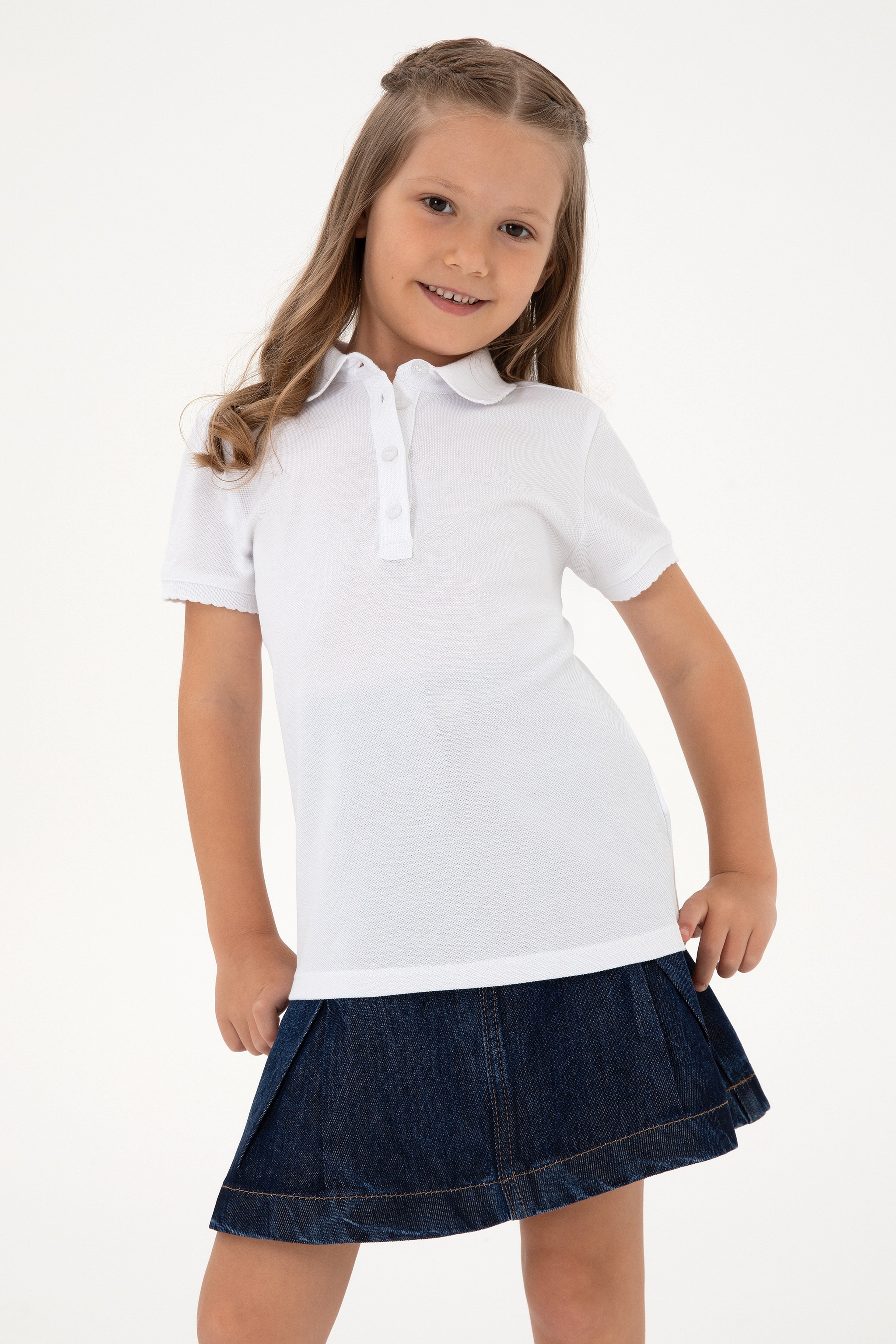 Kız Çocuk Beyaz Polo Yaka Basic Tişört - Image 1