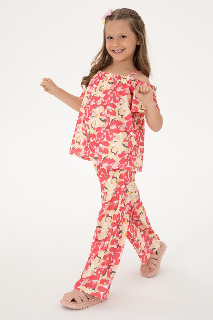 Kız Çocuk Turuncu Çiçek Desenli Örme Eşofman Altı