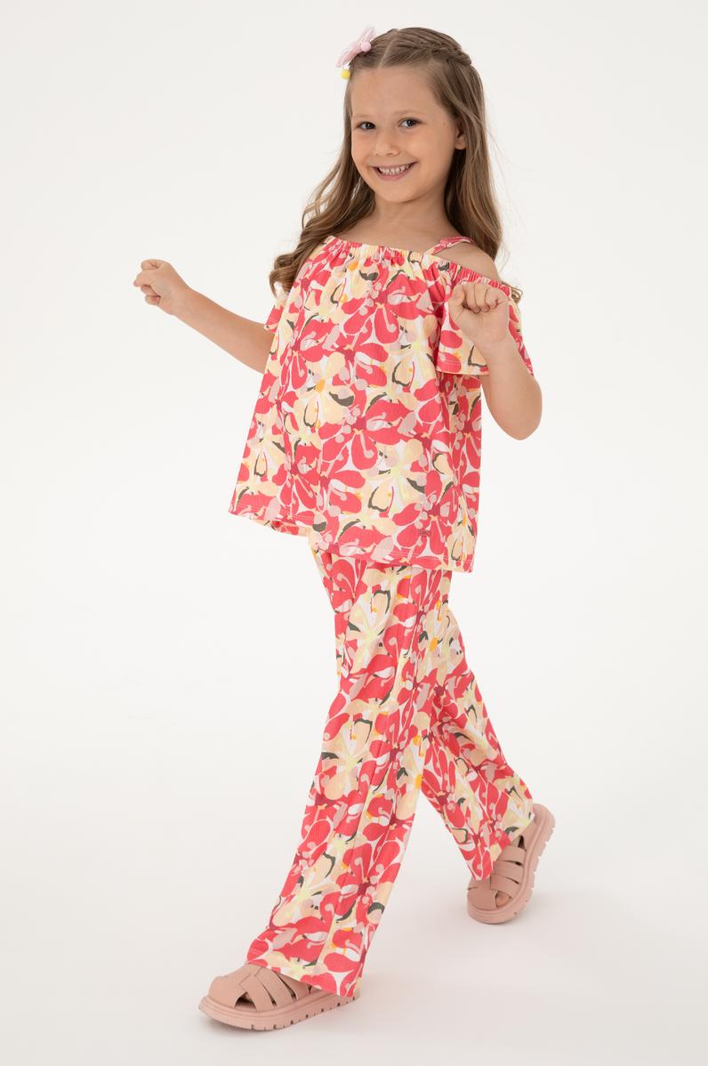 Kız Çocuk Turuncu Çiçek Desenli Örme Eşofman Altı