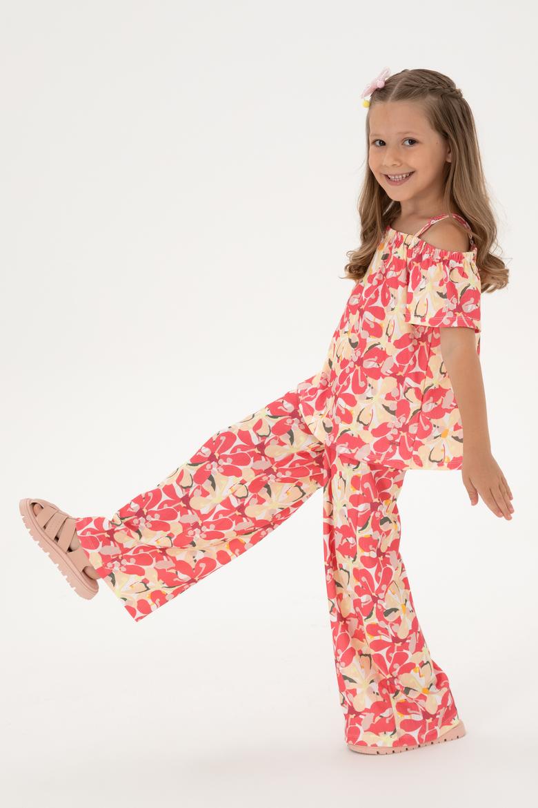 Kız Çocuk Turuncu Çiçek Desenli Örme Eşofman Altı - 50301021015