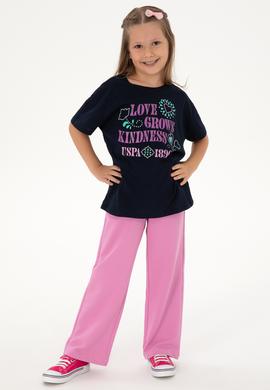 Kız Çocuk Lacivert Bisiklet Yaka Baskılı Pamuk Tişört - 50306197005