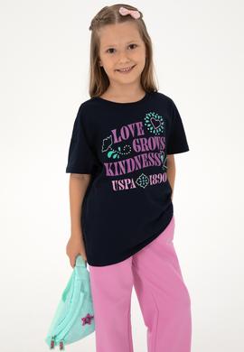 Kız Çocuk Lacivert Bisiklet Yaka Baskılı Pamuk Tişört - 50306197005