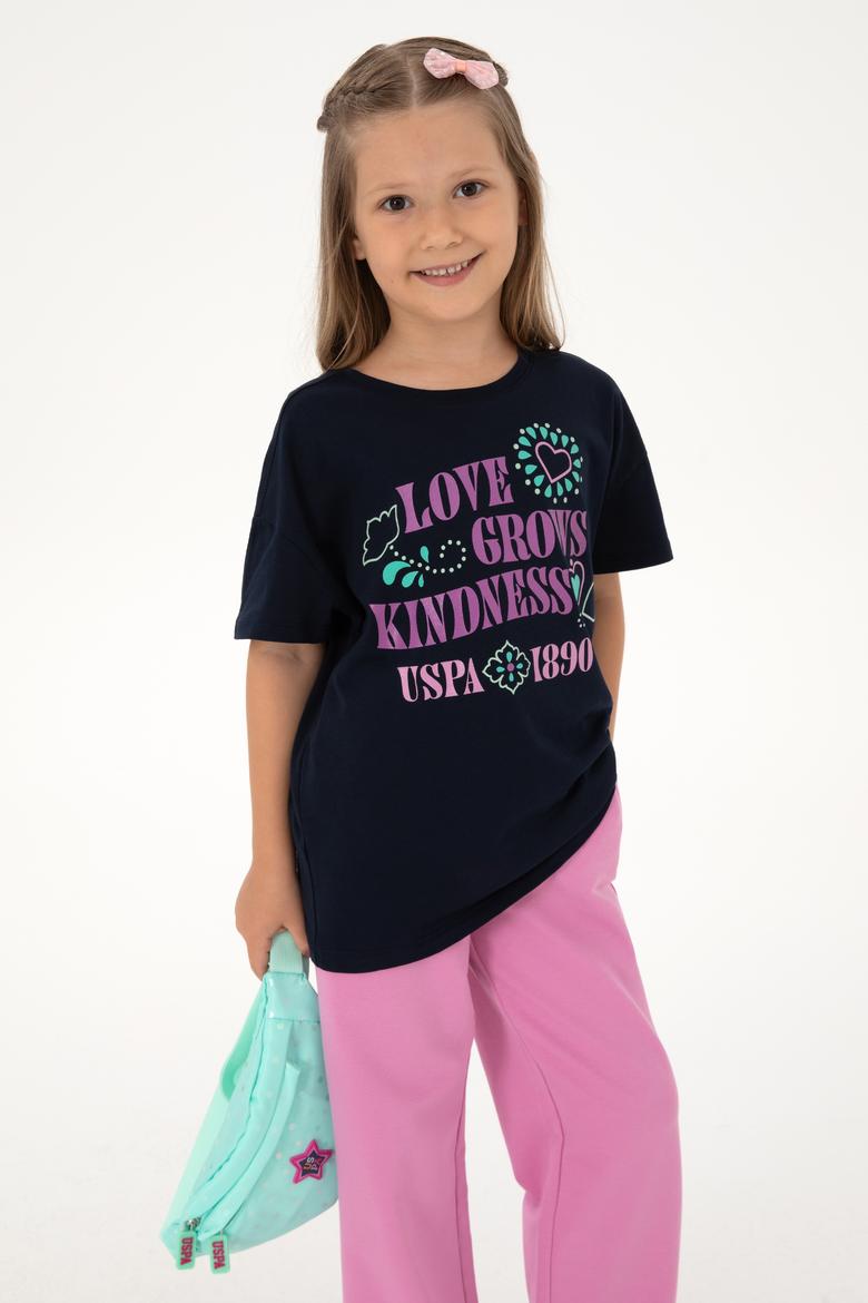 Kız Çocuk Lacivert Bisiklet Yaka Baskılı Pamuk Tişört