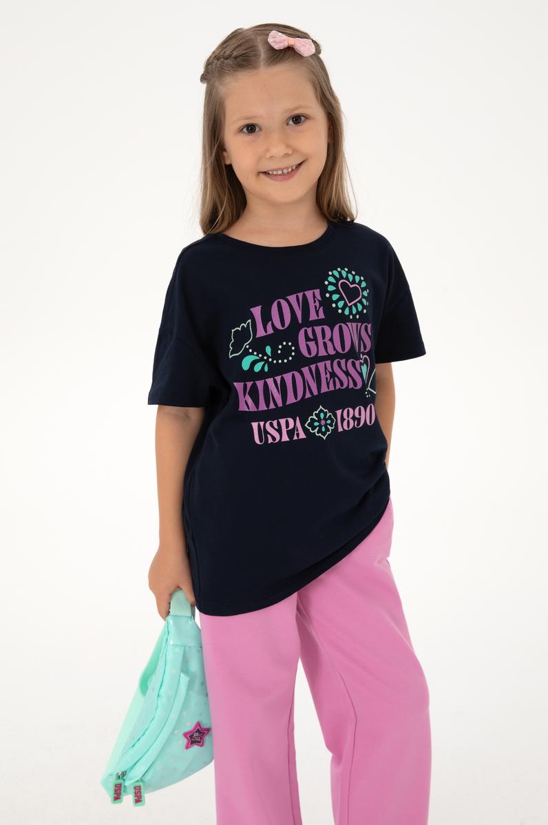 Kız Çocuk Lacivert Bisiklet Yaka Baskılı Pamuk Tişört