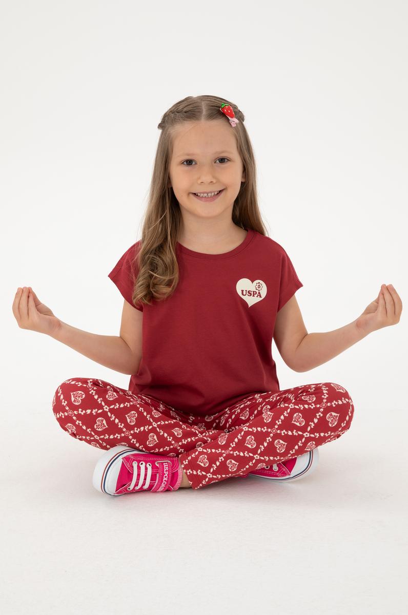 Kız Çocuk Vişne Bisiklet Yaka Pamuk Düz Tişört