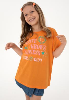 Kız Çocuk Turuncu Bisiklet Yaka Baskılı Pamuk Tişört - 50306197015