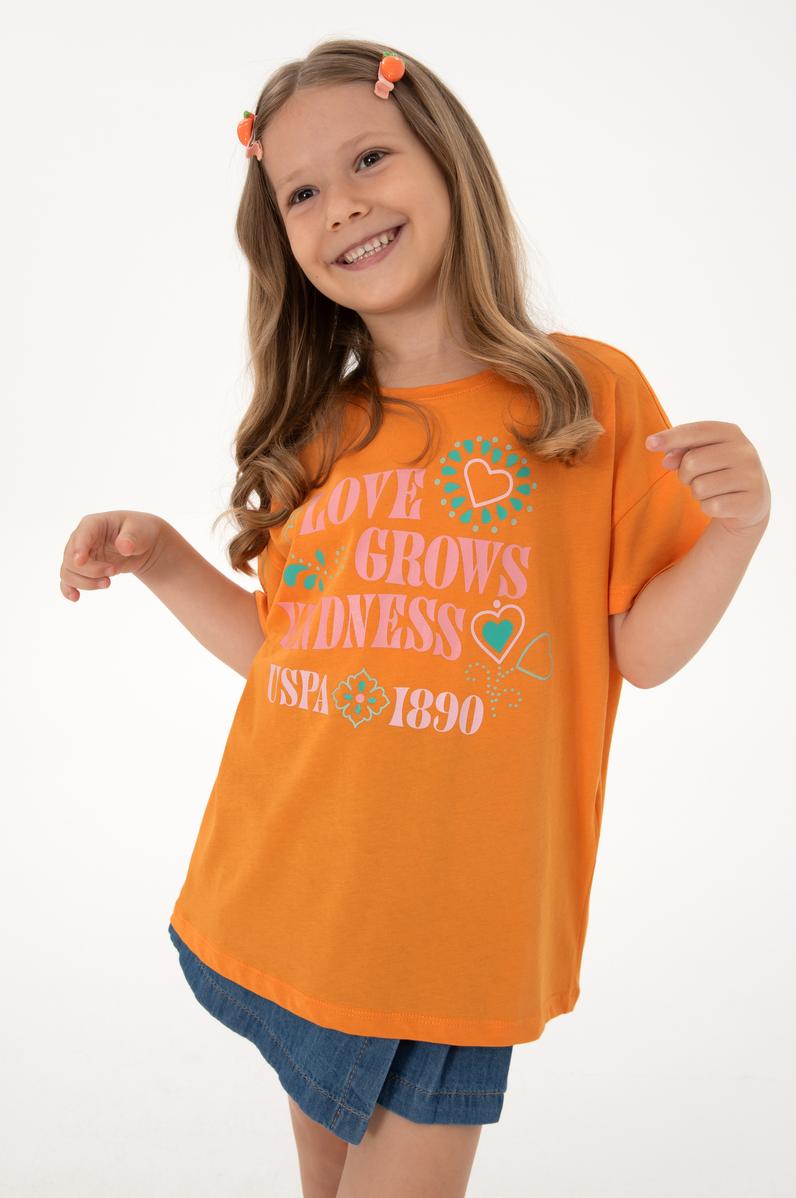 Kız Çocuk Turuncu Bisiklet Yaka Baskılı Pamuk Tişört