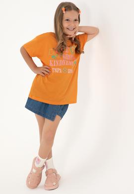 Kız Çocuk Turuncu Bisiklet Yaka Baskılı Pamuk Tişört - 50306197015