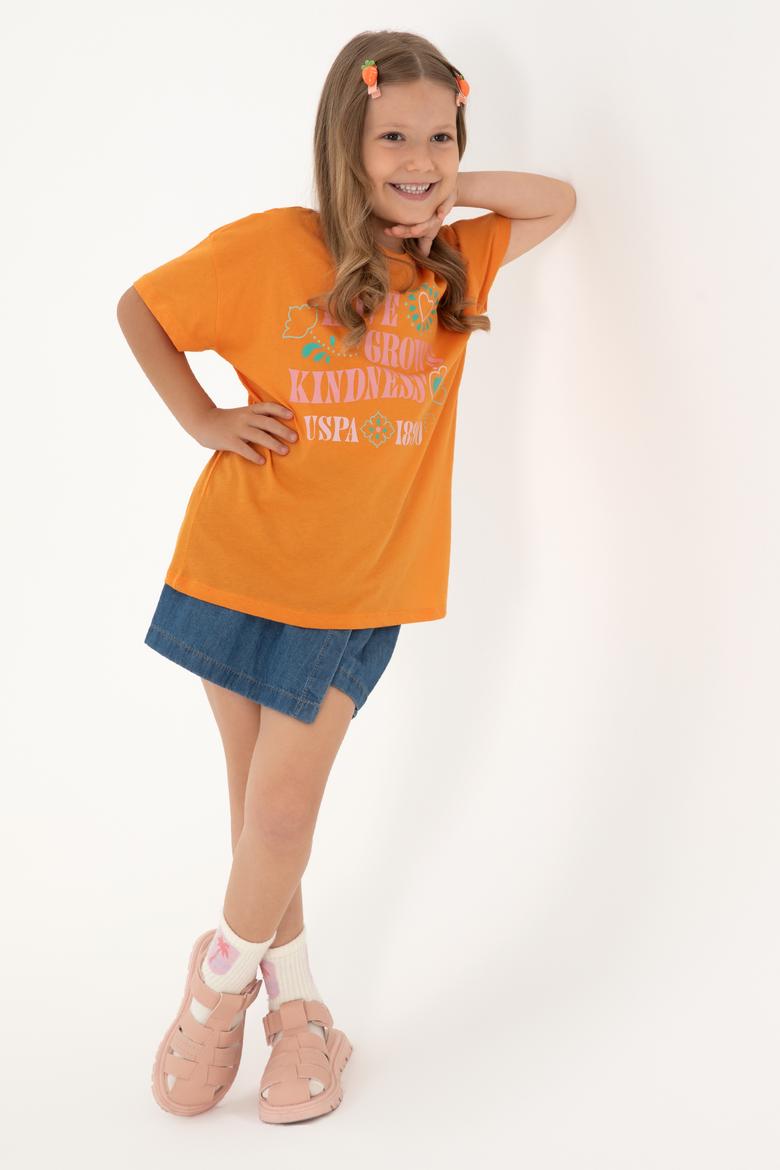 Kız Çocuk Turuncu Bisiklet Yaka Baskılı Pamuk Tişört