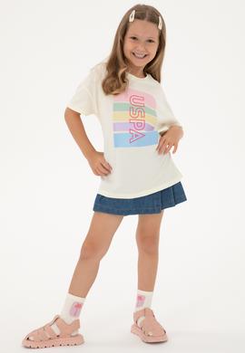 Kız Çocuk Krem Comfort Bisiklet Yaka Renkli Çizgi Baskılı Pamuk Tişört - 50306194010