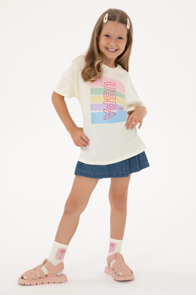 Kız Çocuk Krem Comfort Bisiklet Yaka Renkli Çizgi Baskılı Pamuk Tişört