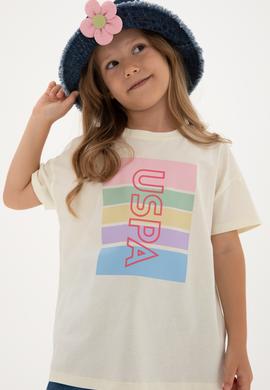 Kız Çocuk Krem Comfort Bisiklet Yaka Renkli Çizgi Baskılı Pamuk Tişört - 50306194010