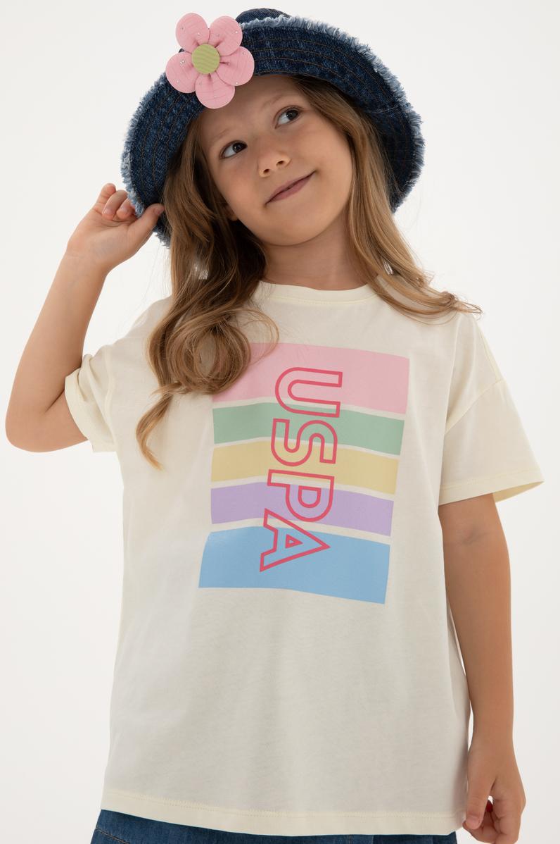 Kız Çocuk Krem Comfort Bisiklet Yaka Renkli Çizgi Baskılı Pamuk Tişört