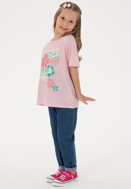 Kız Çocuk Açık Pembe Comfort Fit Bisiklet Yaka Baskılı Pamuk Tişört - 50306203027