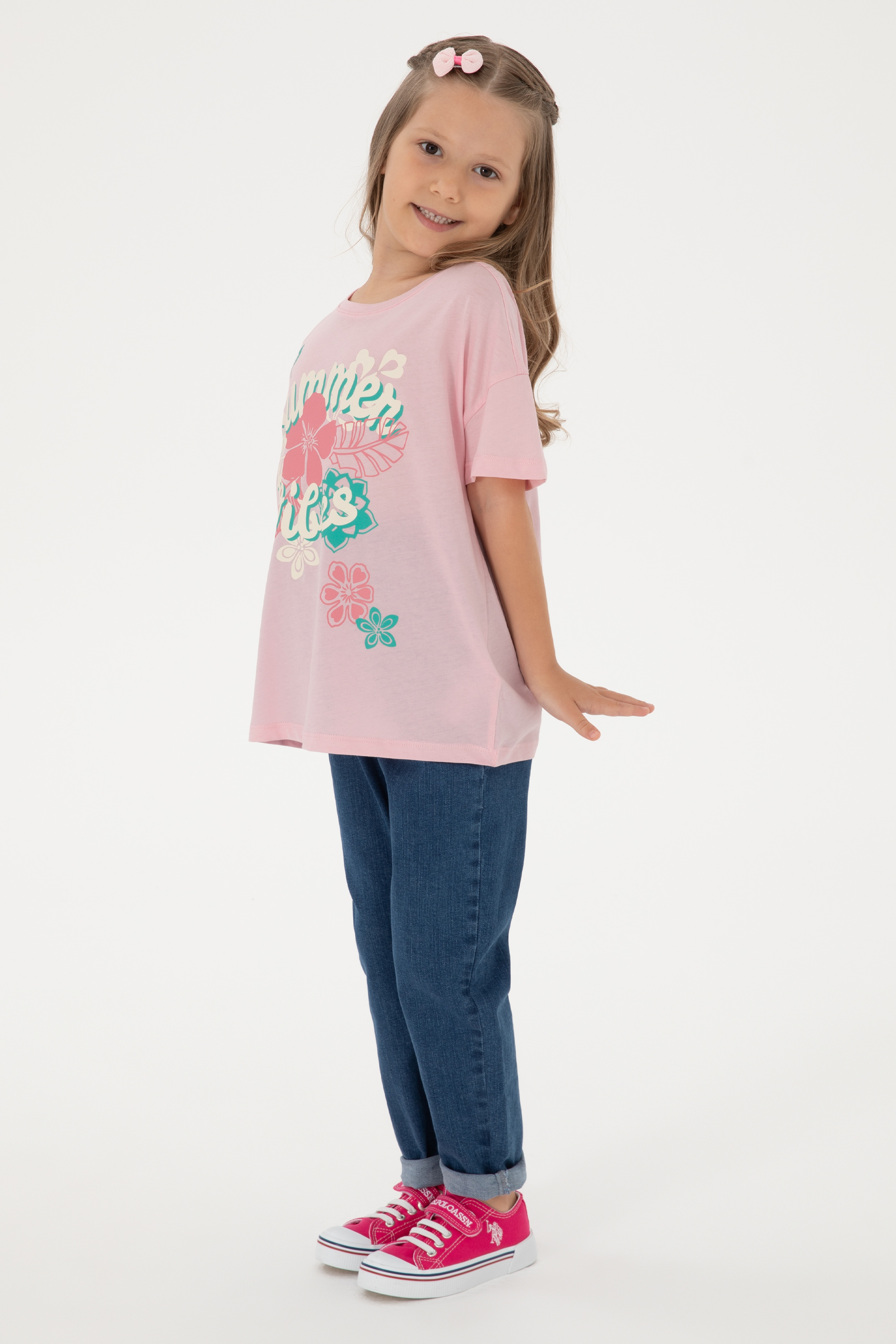 Kız Çocuk Açık Pembe Comfort Fit Bisiklet Yaka Baskılı Pamuk Tişört - Image 2
