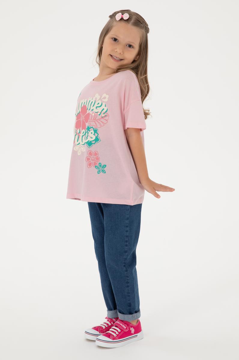 Kız Çocuk Açık Pembe Comfort Fit Bisiklet Yaka Baskılı Pamuk Tişört