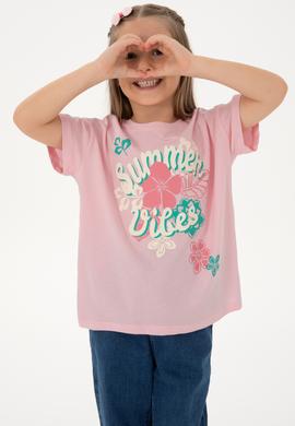 Kız Çocuk Açık Pembe Comfort Fit Bisiklet Yaka Baskılı Pamuk Tişört - 50306203027