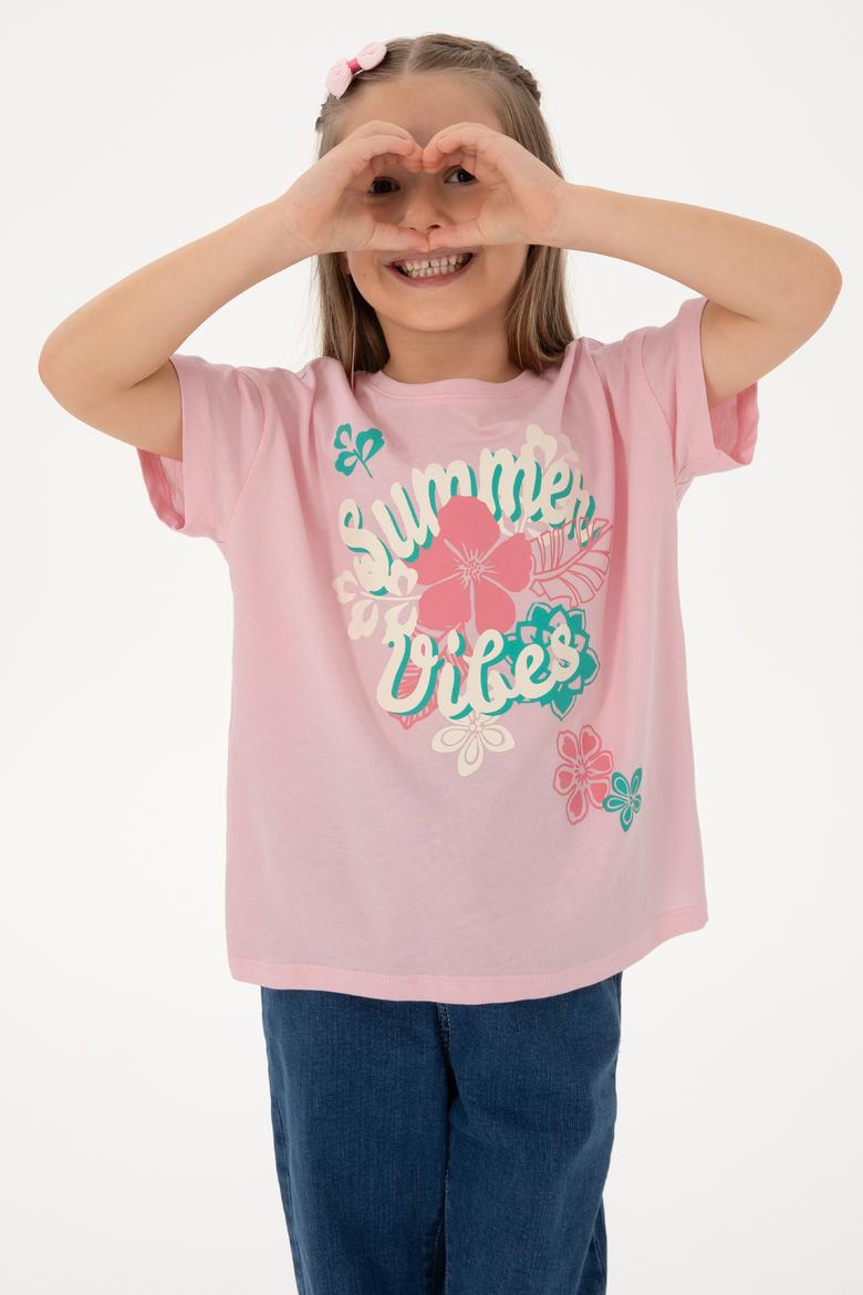 Kız Çocuk Açık Pembe Comfort Fit Bisiklet Yaka Baskılı Pamuk Tişört