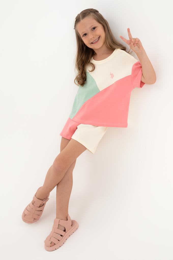 Kız Çocuk Pembe Blok Renkli Örme Şort