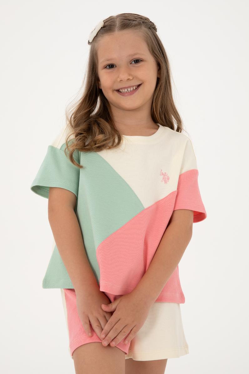 Kız Çocuk Pembe Bisiklet Yaka Crop Pamuk Tişört