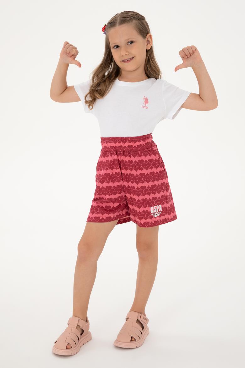 Kız Çocuk Vişne Kalp Desen Baskılı Örme Şort - 50306302011