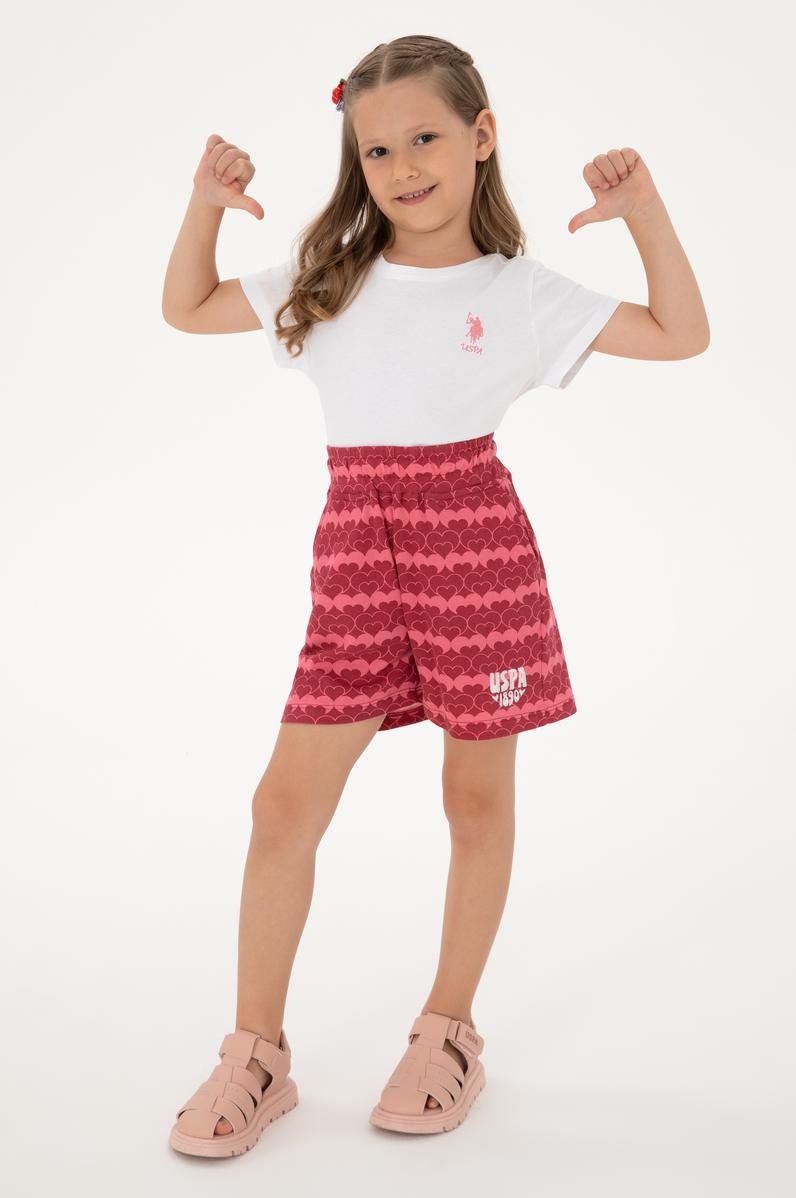 Kız Çocuk Vişne Kalp Desen Baskılı Örme Şort