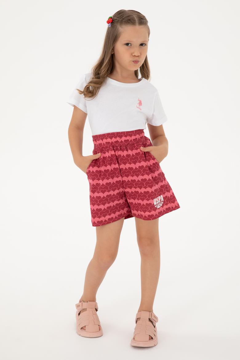 Kız Çocuk Vişne Kalp Desen Baskılı Örme Şort