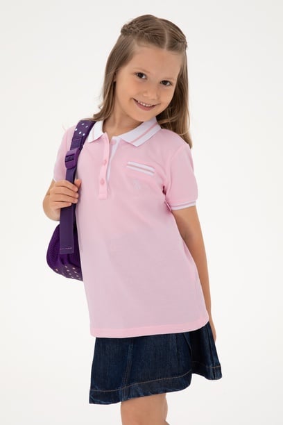 Kız Çocuk Açık Pembe Polo Yaka İşlevsiz Cepli Basic Tişört