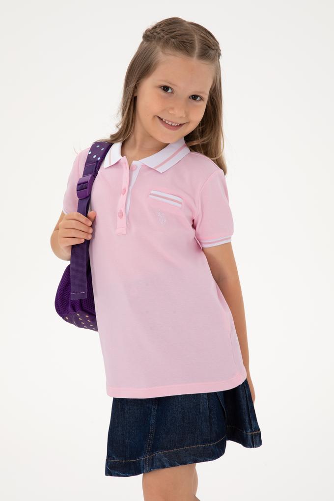 Kız Çocuk Açık Pembe Polo Yaka İşlevsiz Cepli Basic Tişört