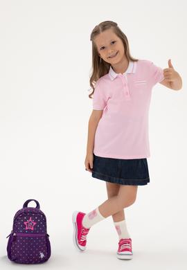 Kız Çocuk Açık Pembe Polo Yaka İşlevsiz Cepli Basic Tişört - 50310223014