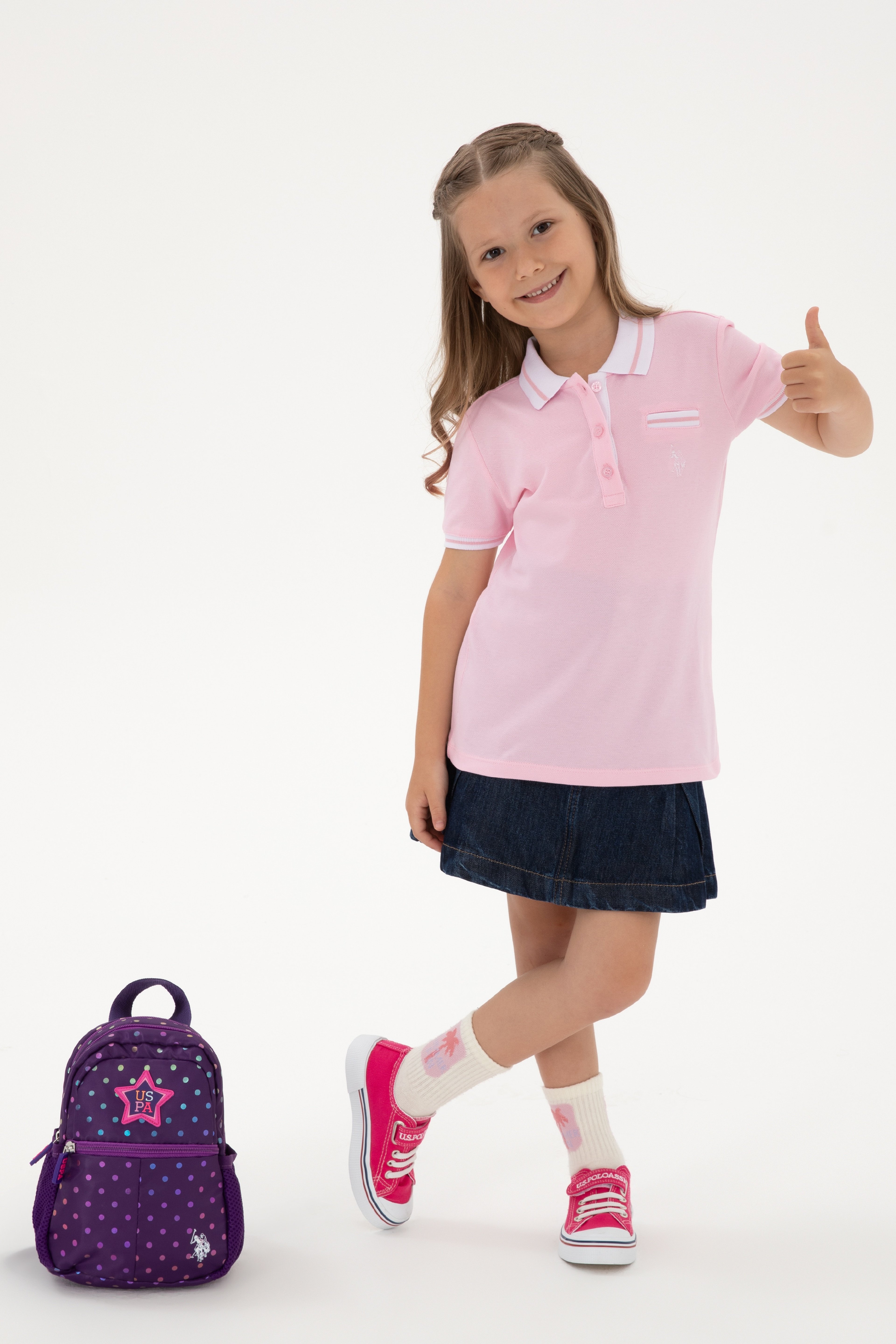 Kız Çocuk Açık Pembe Polo Yaka İşlevsiz Cepli Basic Tişört - Image 2