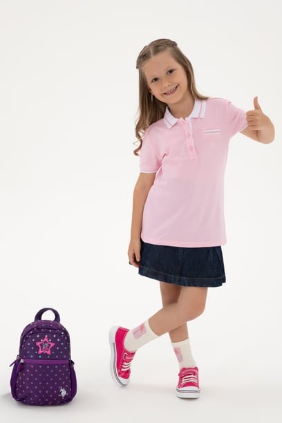 Kız Çocuk Açık Pembe Polo Yaka İşlevsiz Cepli Basic Tişört
